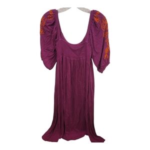 Elegant Purple Boho Maxi Dress with Orange Embroidery